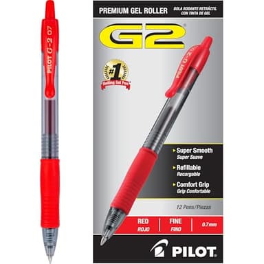 PILOT G2 Premium Refillable and Retractable Rolling Ball Gel Pens, Fine Point, Red Ink, 12-Pack (31022)