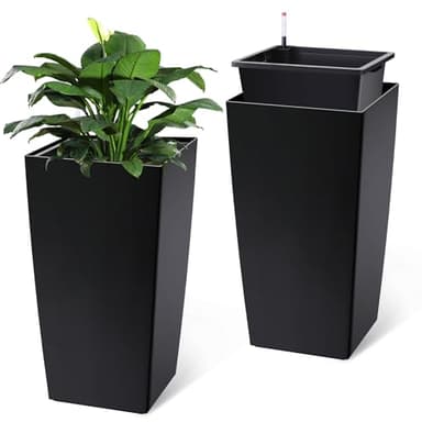 Garvee 30" Tall Planters Set of 2, Outdoor＆Indoor Black Planter Pots, High Front Porch Planter Pots with Drainage Holes＆Water Level Monitor＆Inner Bucket,Black