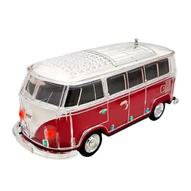 WS-267 Bluetooth Replica Speaker with Mini Bus Design, Transparent Body with Switchable LED Party Light, FM Radio, TWS Pairing,Supports USB/TF, Considerate Gift for Car Fans & Audio Users (Red)