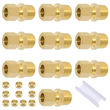 Taiidaues Brass Compression Tube Fitting, Straight Coupling Adapter, 10 PCS 3/8" OD x 3/8" NPT Male Compression Union Connector & 10 PCS Compression Sleeves Ferrules