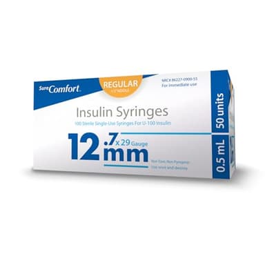 SureComfort U-100 Insulin Syringes 29G x 1/2" 1/2cc (12.7mm), For Diabetes Care, Box of 100