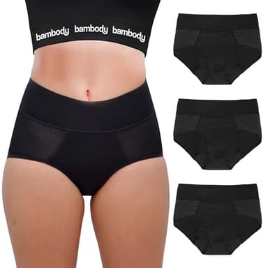 Bambody Absorbent Panties, Period Underwear for Women and Teens - All-Day Long - Overnight Protection- Postpartum, Leakproof - Large - 3 Pack: Black