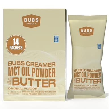 BUBS Naturals Halo MCT Oil Powder, 10g Travel Packets Functional Keto Coffee Creamer with MCT Oil & Grass-Fed Butter Unflavored Powder, Includes 14 Packets