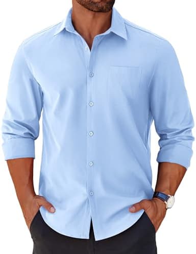 COOFANDY Mens Long Sleeve Button Down Shirts Untucked Shirts for Men Casual Dress Shirts Wedding Shirts Light Blue