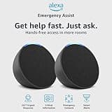 Two Echo Pop Devices + Alexa Emergency Assist Monthly (auto-renewal) | Full sound compact smart speaker | Charcoal