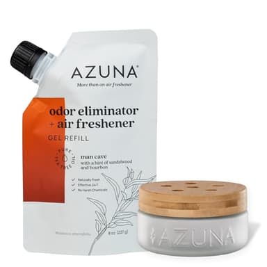 Azuna Air Freshener & Odor Eliminator for Strong Odor | 1 Room Kit Includes (1) Empty Luxe Glass Jar & 8oz Refill with Tea Tree Essential Oil Gel | Sandalwood | Last 60-90 Days