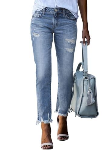 EVALESS Womens Jeans Stretchy High Waisted Pull On Ripped Distressed Jean Tummy Control Straight Ankle Denim Pants Sky Blue Size 8