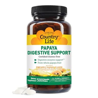 Country Life Chewable Papaya Enzymes for Digestion Support - Natural Pineapple & Papaya Flavor, Assists with Nutrient Absorption, Contains Papain & Protease - 200 and 500 Wafers Available