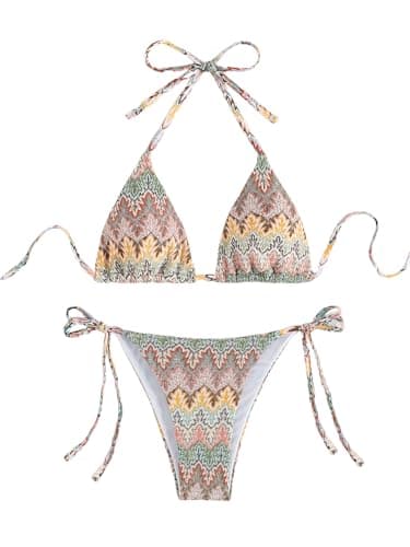 SHENHE Women's 2 Piece Swimsuit Floral Print Halter Tie Side Triangle Bikini Set Multicolor Chevron Small
