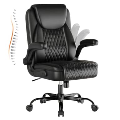 GTPLAYER Leather Office Chair, Home Desk Chair with Flip-up Arms and Ergonomic Back - Comfy Heavy Duty Executive Chair for Home Office Gaming, Black