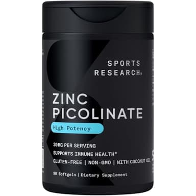 Sports Research High Potency Zinc Picolinate 30mg with Organic Coconut Oil | Highly Absorbable Zinc Supplement for Healthy Immune & Enzyme Function - Non-GMO Tested & Gluten-Free (90 Liquid Softgels)