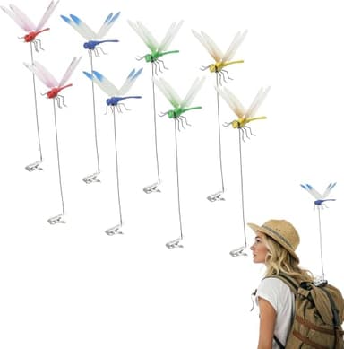 Dragonfly Clip 8Packs Fake 3D Outdoor Simulation, Natural Organic Concept Insert Pole Clip, Gardening Decoration Insert Plaque Yard Ornaments Outdoors