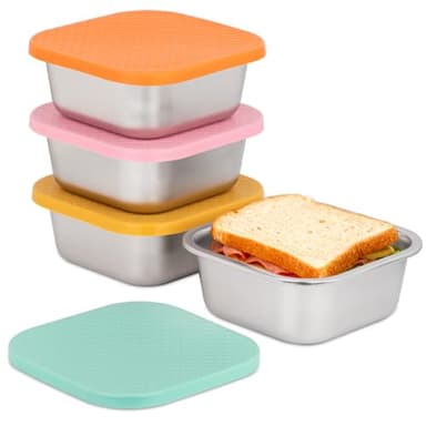 JUSTASHOW 4 Pack Sandwich Containers: 30oz Stainless Steel Lunch Box with Silicone Lids, Meal Prep Container Reusable Metal Sandwiches Food Storage for Kitchen & Office Salad Snacks Fruits