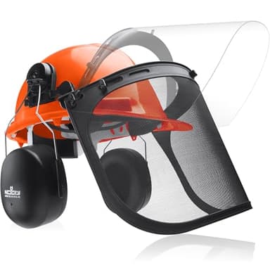 NoCry 6-in-1 Industrial Chainsaw Helmet with Face Shield and Ear Muffs — Mesh & Clear Plastic Visors Included — ANSI Z89.1 Certified — Adjustable Headgear — Ideal for Forestry and Arborist Work