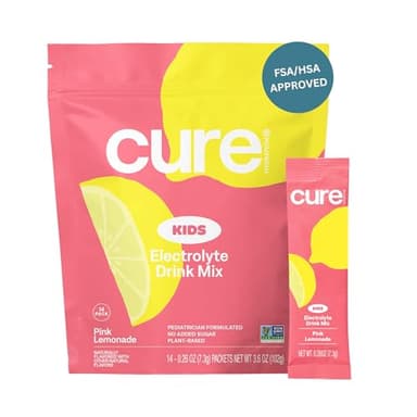 Cure Hydration - Kids Electrolyte Drink Mix | Plant-Based Pediatrician Formulated Rehydration | No Added Sugar, FSA-HSA, Non-GMO, Gluten-Free, No Artificial Flavors | 14 Packets - Pink Lemonade