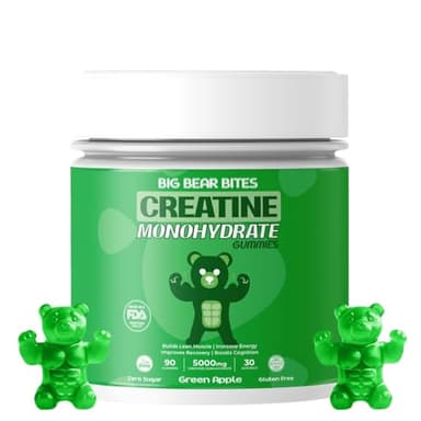 Big Bear Bites Creatine Monohydrate Gummies for Men & Women | 5000mg of Creatine Gummies per Serving | Sugar, Gluten Free & Halal | Pack of 90 for Pre Workout Support | Green Apple Flavor