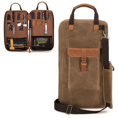 Damero Chef Knife Bag, Waxed Canvas Chef Storage Bag with 11 Slots and 2 Mesh Pockets, Knife Carrier Travel Knife Bag with Top Handles and Detachable Shoulder Strap for Kitchen Tools & Chef Utensils