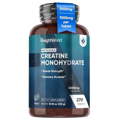 WeightWorld Micronized Creatine Monohydrate 3000mg Vegan Tablets | Muscle Strength & Recovery Booster | 3 Months Supply - 270 Tabs | Creatine for Women & Men | Non-GMO, Gluten-Free | 3 Tablets a Day
