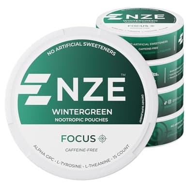 NZE Caffeine Free Nootropic Pouches (Wintergreen) - Nootropic Pouches with Alpha GPC, L-Tyrosine & L-Theanine - No Sugar or Artificial Sweeteners - 15 Pouches Per Can - 5 Pack