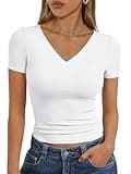 Trendy Queen Womens Basic V Neck Short Sleeve T Shirts Slim Fit Crop Y2k Tee 2025 Summer Cute Gym Fashion Clothes White M