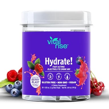 Vital Rise® Hydrate! - Berry Blast - Hydration Powder Packets | Low Sodium Electrolyte Drink Mix | Easy Open Single-Serving Stick | Non-GMO | 20 Servings (Pack of 1)