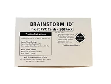 Inkjet PVC Cards (500 Pack) - Inkjet Printable PVC ID Cards with Brainstorm ID's Enhanced Ink Receptive Coating - Waterproof and Double Sided Printing - Works with Epson and Canon Inkjet Printers