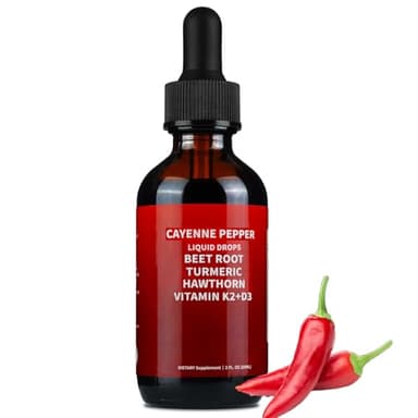 Cayenne Pepper Drops, Cayenne Pepper Hawthorn Beet Root Turmeric Curcumin, Vitamin K2 & D3, Cayenne Health Supplements, Gentle Formula, Vegan-Friendly, Easily Absorbed - 60ml