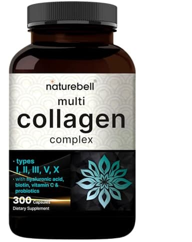 NatureBell Multi Collagen Complex - 300 Capsules - 5 Collagen Peptides (Type I, II, III, V, X), Hyaluronic Acid, Biotin & Probiotics - Hair, Skin, Nail, Joint & Gut Health Support*