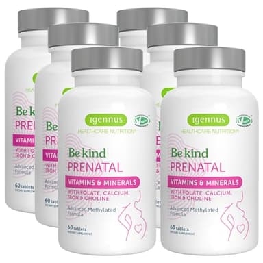 Igennus Methylated Prenatal Multivitamin for Women, Folate for MTHFR, High Absorption, Pure & Clean, Gentle Iron, Choline, Calcium & Magnesium, Vegan Pregnancy Vitamins, Halal, Non-GMO, 60 Tablets x 6