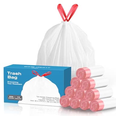 KdbK 13.2 Gallon Tall Kitchen Drawstring Trash Bags, 200 Count Pre-separated Garbage Bags, Unscented, Leak Proof, Waste Bag for Kitchen, Office, Home