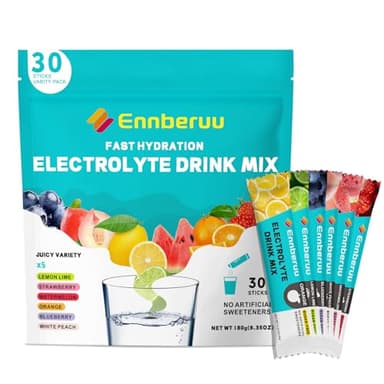 EnnbeRuu Electrolytes Powder Packets, 30 Sticks Fast Hydration, Sugar Free Electrolyte Drink Mix, Travel Electrolyte Packets for Rapid Hydration, 6 Flavors