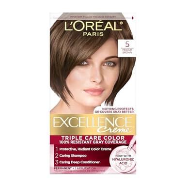 L'Oreal Paris Excellence Crème Permanent Hair Dye, Triple Care Hair Color with Hyaluronic Acid for 100% Gray Coverage, 5 Medium Brown, 1 Kit (Packaging May Vary)