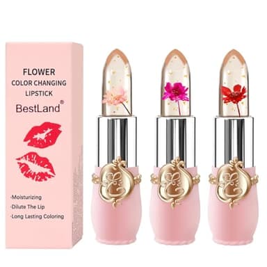 BestLand 3 Pcs/Set Flower Jelly Lipstick Set Temperature Change Moisturizer Long Lasting Nutritious Balm Magic Color Change Lip Gloss (3Pcs Flower Jelly Lipstick 010203)
