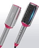 Hair Straightener Brush Straightening Comb - Ionic Heated Brush Straightener for Women, Plus 3x Dense Bristles Ceramic Styler for Thick Curly Hair, 16 Temps, 2 in 1 Flat Iron Brush Dual Voltage Travel