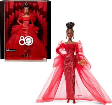 Barbie Signature Doll, Mattel 80th Anniversary Collectible in Glittery Red Tulle Gown with Drop Earrings and Sheer Gloves, Brunette