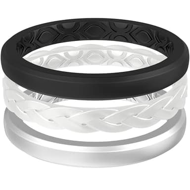 ThunderFit Stackable Silicone Ring Enhancers for Women, Breathable Rubber Wedding Bands - Braided Design 3mm Wide 1.8mm Thick - 3/8 Variety Multipack