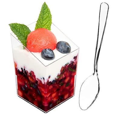 DLux 32 x 3 oz Mini Dessert Cups with Spoons, Square Slanted - Clear Plastic Parfait Appetizer Cup - Small Reusable Serving Bowl for Tasting Party Desserts Appetizers - With Recipe Ebook