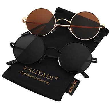 KALIYADI Round Polarized Sunglasses for Men Women Small Retro Metal Hippie Style UV Protection (2 Pack) 45mm