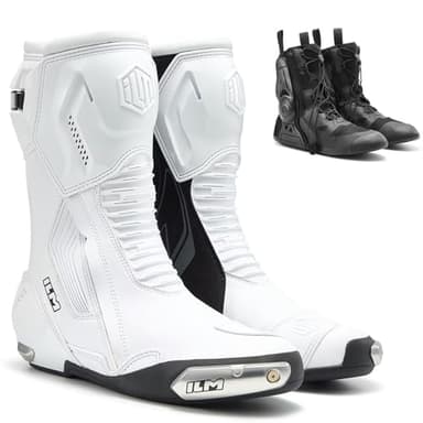 ILM Motorcycle Racing Boots Enhanced Ventilation Anti Slip Street Riding Sport Footwear CE Protective Gear Model BRC1 (White, 8.5)