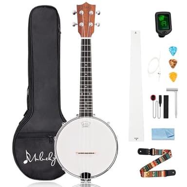 Mulucky 4-String Banjo Ukulele | Banjolele 23" Sapele Wood with Remo Head & Nylon Strings | Dark Brown Travel Kit (Bag, Tuner, Picks) - BU806
