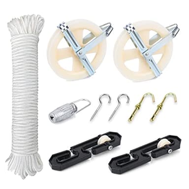 TooTaci Outdoor Clothesline Kit, 5" Nylon Clothesline Pulley Kit, 150ft Polyester Clothes Line Rope Outdoors Heavy Duty, Clothes Line Pulley Kit with S Separator Spreader, Rope Tightener, Hook