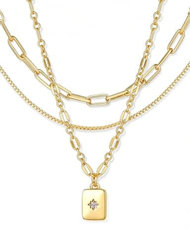 YEEZII 14K Gold Plated Layered Necklaces for Women Trendy, Dainty Choker Paperclip Box Chain Necklace, Stackable Women's Pendant Necklaces Set for Jewelry Gift