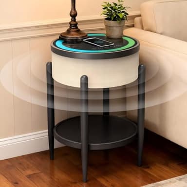LED Smart Nightstand with Bluetooth Speaker & Wireless Charging, Modern End Table with RGB Lights, Round Tempered Glass Touch Panel, USB/Type-C/AUX Ports, Easy Assembly, 65W HiFi Sound System, Beige