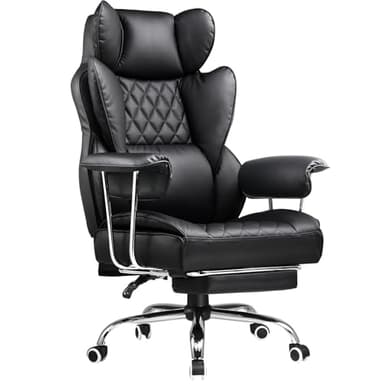 COMHOMA Big and Tall Office Chair, High Back Leather Gaming Chair with Footrest, Executive Ergonomic Office Chair with Pocket Spring Lumbar Support and with Outward Fixed Soft Armrests
