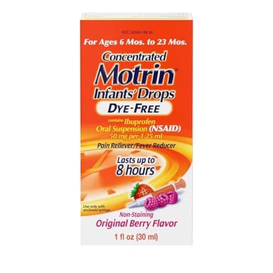 Motrin Infants Infant Ibuprofen Oral Suspension Concentrated Drops, NSAID Fever Reducer & Pain Reliever for Babies, Dye Free, Alcohol-Free, Berry Flavor, Includes Enclosed Syringe, 1 fl. oz