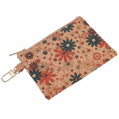 GORGECRAFT Cork Coin Purse Portable Clutch Purse Vintage Daisy Floral Pattern Credit Card Holder with Zipper Coin Pocket Vegan Bag for Travel Cosmetic Make up Brushes Lipstick 3.4 x 4.7 inch