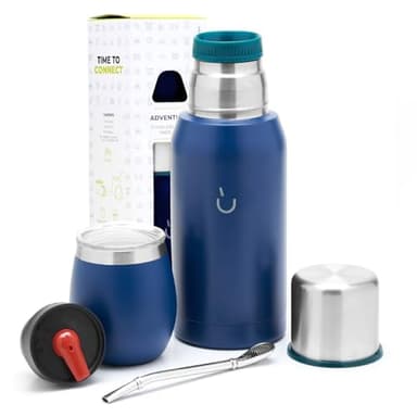 BALIBETOV Yerba Mate Kit - Includes 1 Mate Cup, 1 Straw, and 1 Thermal Flask with 2 Stoppers - The Stainless Steel Yerba Mate Gourd, Includes Lid (Blue)