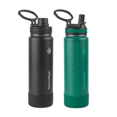 ThermoFlask Stainless Steel Water Bottles 2-Pack - Double-Wall Vacuum Insulated 24 oz BPA-Free Spout Lids - Keeps Drinks Cold 24 Hrs, Hot 12 Hrs - Leakproof, Dishwasher Safe, Black/Malachite