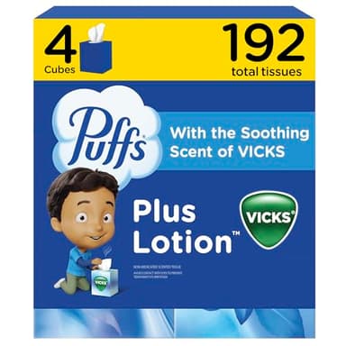 Puffs Plus Lotion with Vicks Facial Tissues, 4 Cubes, 48 Tissues per Box (192 Tissues) [Packaging May Vary]