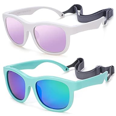 Flexible Polarized Baby Sunglasses with Adjustable Strap for Toddler Newborn Infant Age 0-24 Months (White/Purple Mirrored + Green/Green Mirrored) - 2 Pack